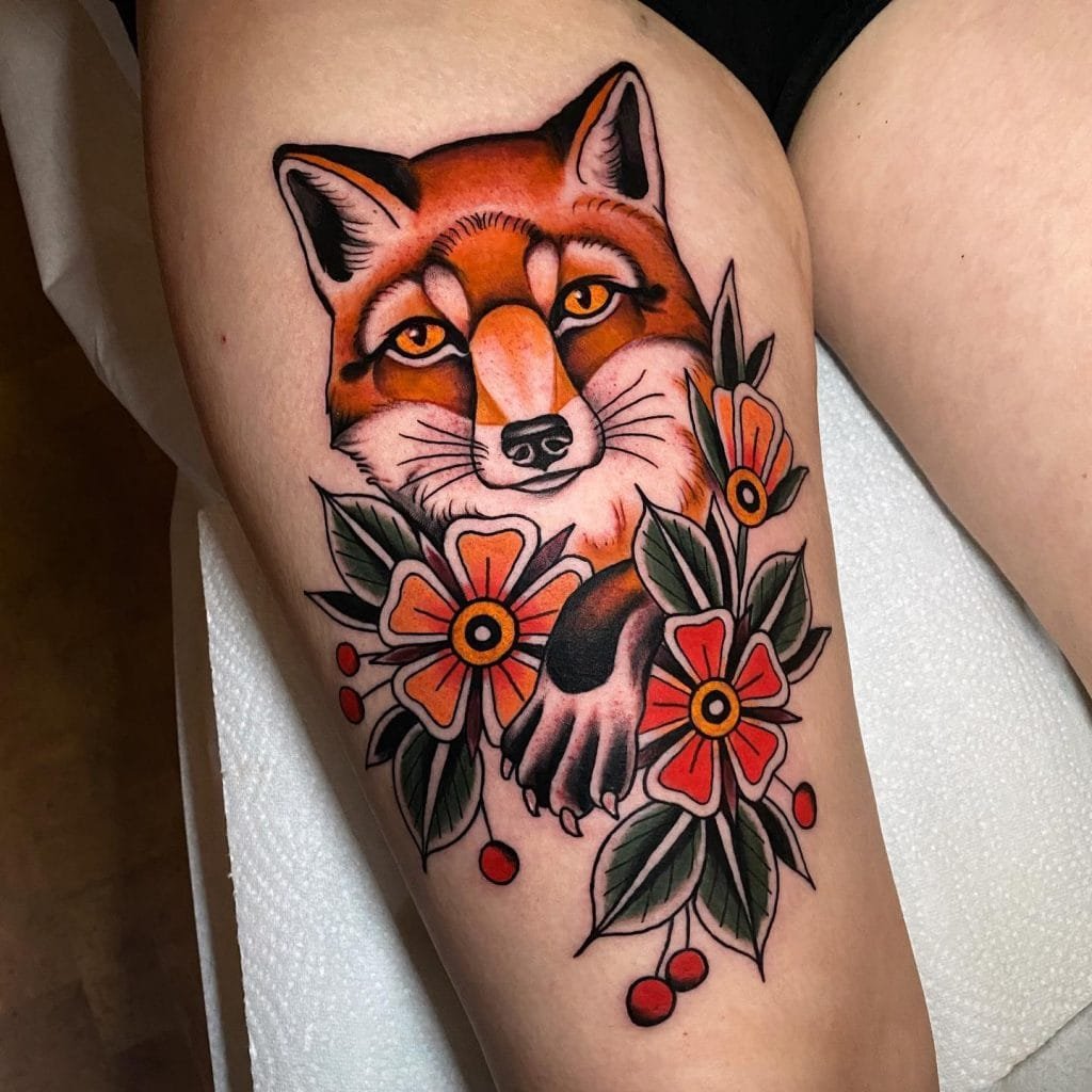 Orange Fox Tattoo on Thigh